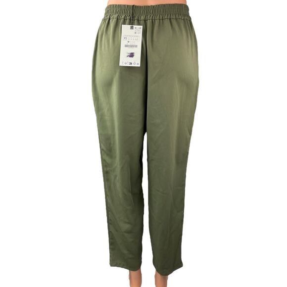 NEW Zara Womens Green Drawstring Pleated High Rise Cropped Trouser Pants Size XS - Picture 3 of 5
